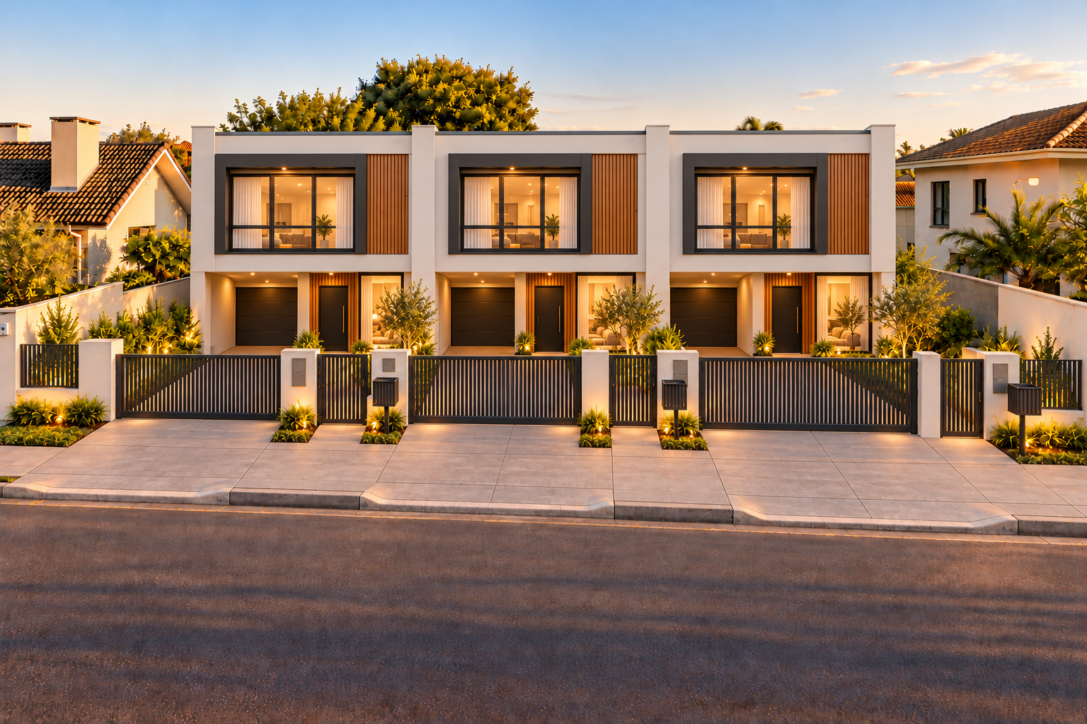 O mesmo terreno e enquadramento com três casas geminadas contemporâneas, portões, gradil e paisagismo.