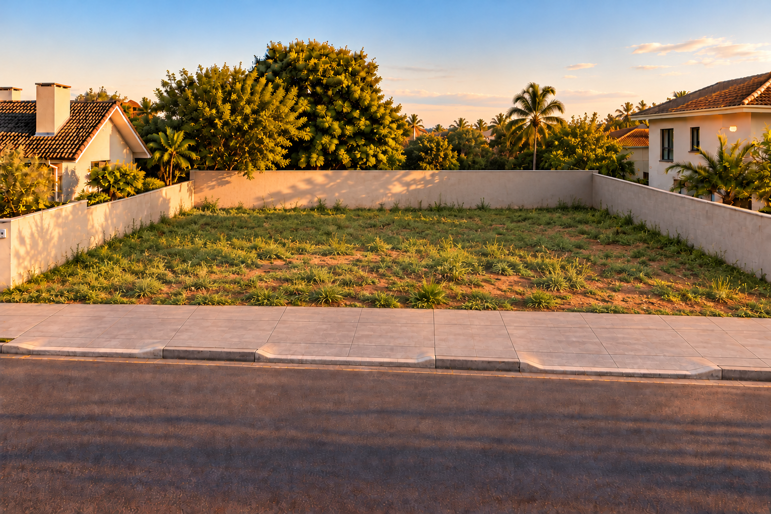 Terreno residencial vazio antes do desenvolvimento, em uma rua de casas baixas.