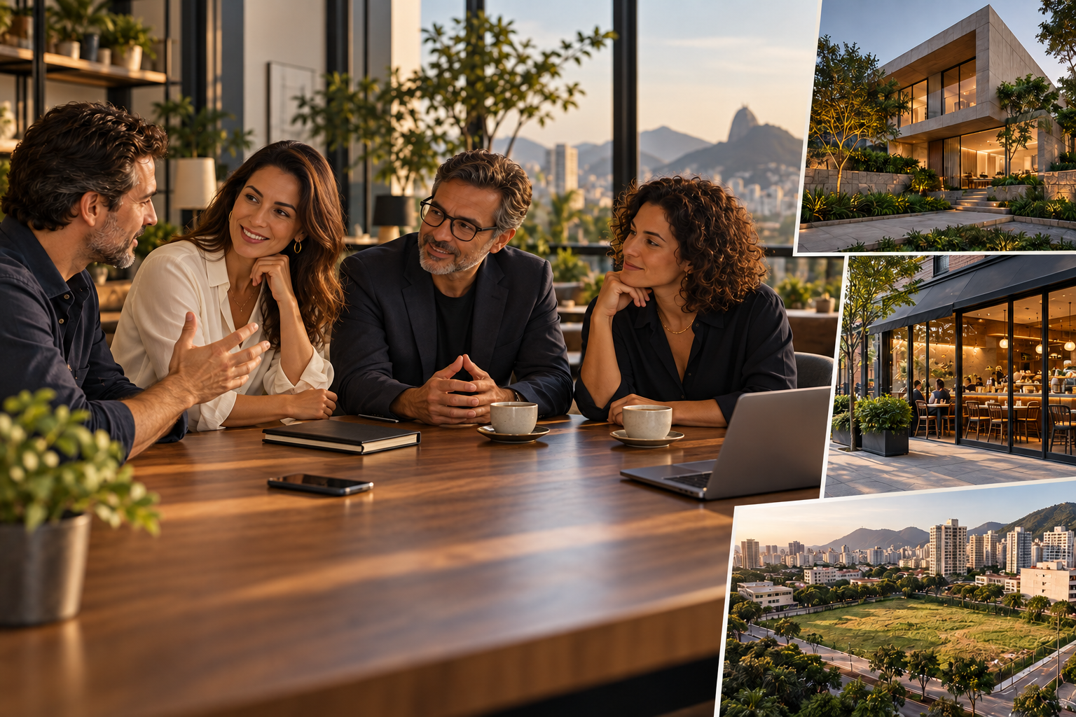 Composição conceitual: parceiros em conversa de negócios, com recortes de uma residência, uma fachada de café e um terreno urbano.